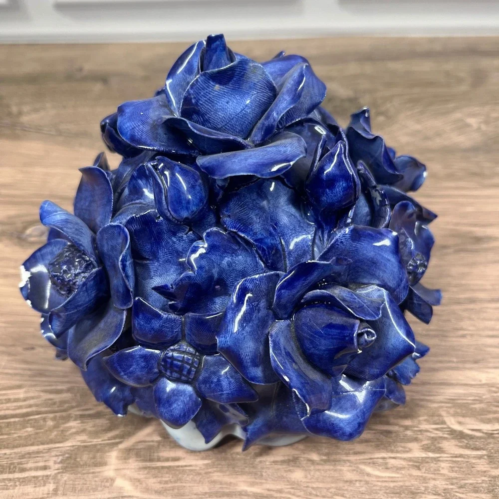 Italian Ceramic Floral Centerpiece Urn Blue White Roses Anemones Hand-Painted